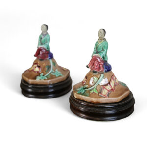 Pair of Chinoiserie Majolica Lids on Stands
