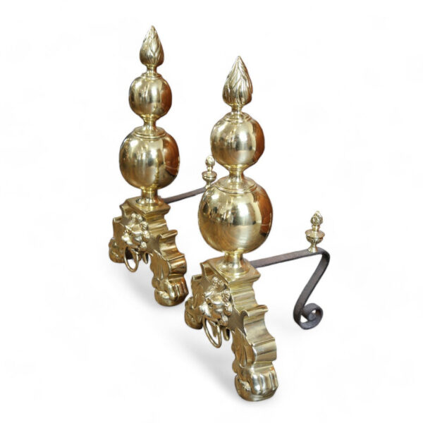 Brass Andirons with Lion Head Detail - Image 2